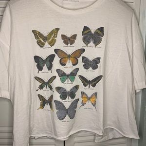 White Cropped Butterfly Crew-Neck Graphic T-shirt